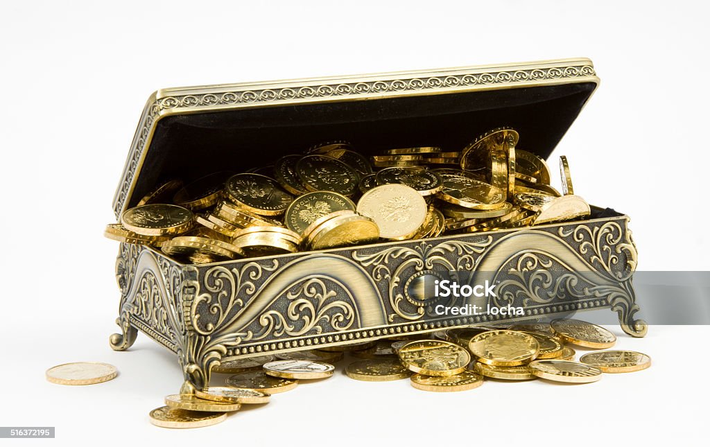 gold casket and gold coins on a white background Coin Stock Photo