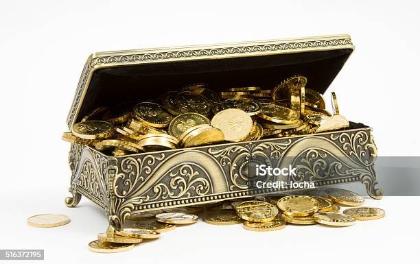 Gold Casket And Gold Coins On A White Background Stock Photo - Download Image Now - Coin, Color Image, Currency