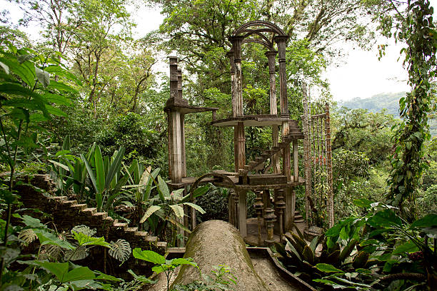 concrete structure with stairs surrounded by jungle stock photo