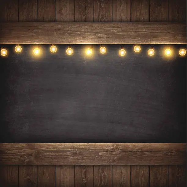 Vector illustration of Christmas Lights on Wooden Boards and Chalkboard