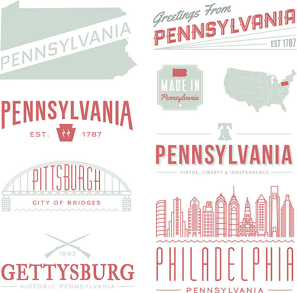 A set of vintage-style icons and typography representing the state of Pennsylvania, including Philadelphia, Pittsburgh and Gettysburg. Each items is on a separate layer. Includes a layered Photoshop document. Ideal for both print and web elements.