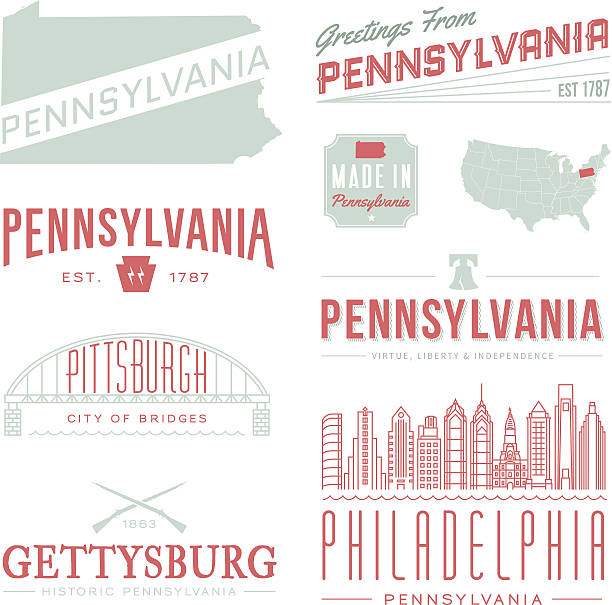 Pennsylvania Typography A set of vintage-style icons and typography representing the state of Pennsylvania, including Philadelphia, Pittsburgh and Gettysburg. Each items is on a separate layer. Includes a layered Photoshop document. Ideal for both print and web elements. philadelphia stock illustrations