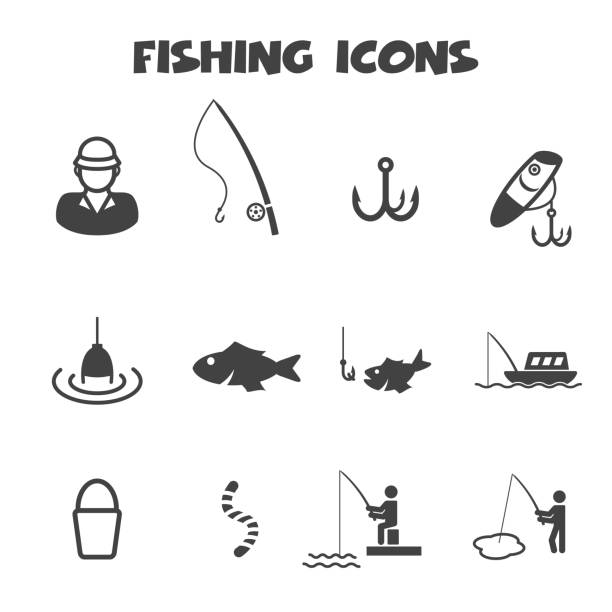 angeln symbole - catch of fish sport black and white activity stock-grafiken, -clipart, -cartoons und -symbole