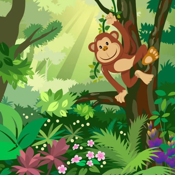 ilustraciones, imágenes clip art, dibujos animados e iconos de stock de monos en el bosque - cartoon monkey animal tree