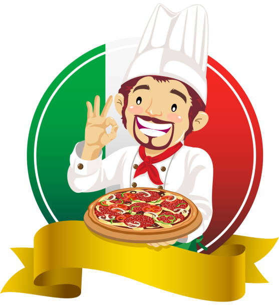 icon i banner z włoski szef kuchni z pizza - restaurant sign sign language food stock illustrations