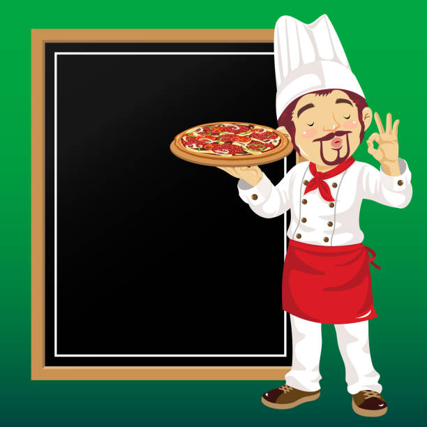 Pizza Chef in Front of Chalkboard Pizza chef with chalkboard. EPS10. chef borders stock illustrations