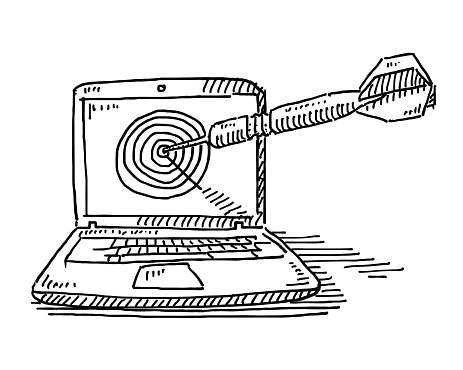 Hand-drawn vector drawing of a Laptop Computer with a Target on the Display, a Dart is hitting the Bull's Eye. Digital Drawing on a Boogie Board Sync. Black-and-White sketch on a transparent background (.eps-file). Included files are EPS (v10) and Hi-Res JPG.