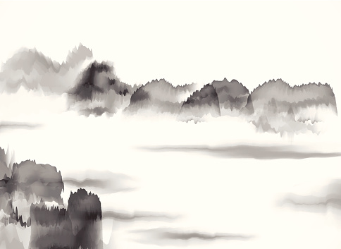 abstract black and white Chinese painting mountain material background for design.(ai eps10 with transparency effect)