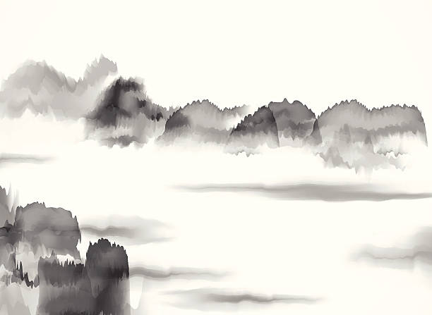 abstract black and white Chinese painting material background abstract black and white Chinese painting mountain material background for design.(ai eps10 with transparency effect) asian wallpaper stock illustrations