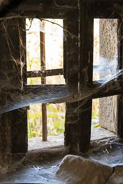 window of an abandoned house with cobwebs