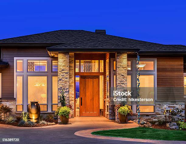 Beautiful Home Exterior At Night Stock Photo - Download Image Now - Residential Building, Building Exterior, Outdoors