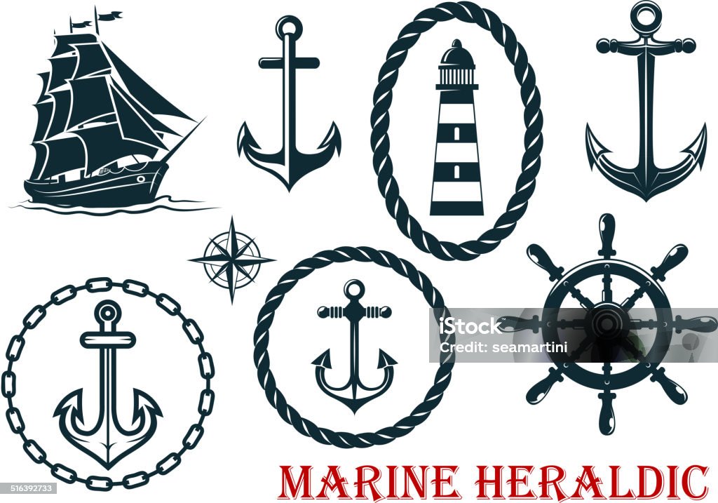 Marine and nautical heraldic elements Marine and nautical heraldic elements - ropes, lighthouse, anchors, sheep and steering wheel - isolated on white Coat Of Arms stock vector