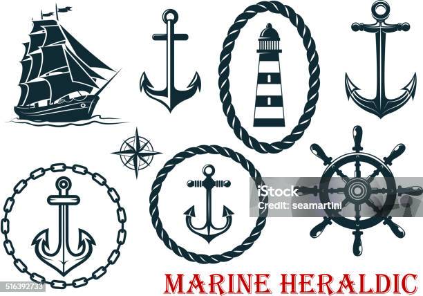 Marine And Nautical Heraldic Elements Stock Illustration - Download Image Now - Coat Of Arms, Nautical Vessel, Adventure