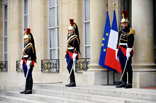 Paris, France - August 30, 2014: Members of the Republican Guard during a welcome ceremony at Elysee Palace.