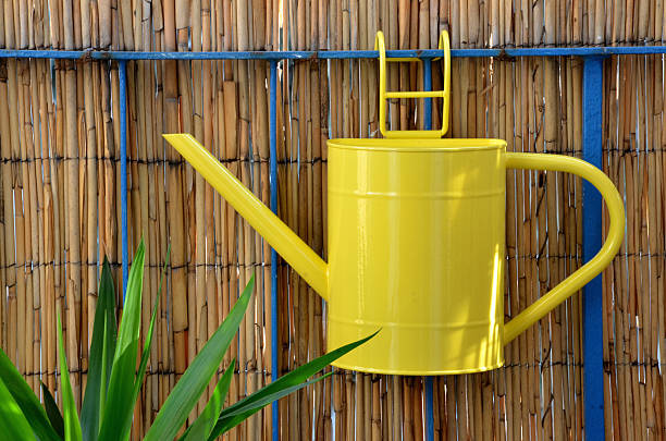 istock Watering can hang on balcony railing next to green plant 516393534