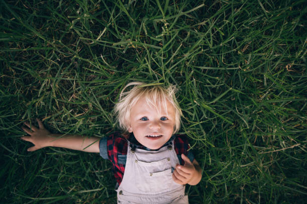 joli blonde enfant couché sur l'herbe - nature summer child one little boy photos et images de collection