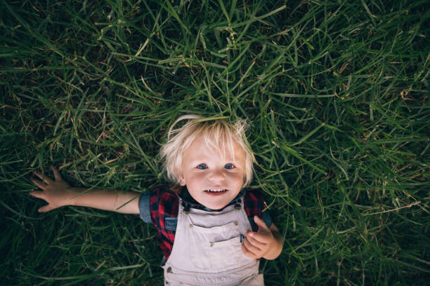 Directly above view portrait of a cute blonde preschooler child lying on the grass