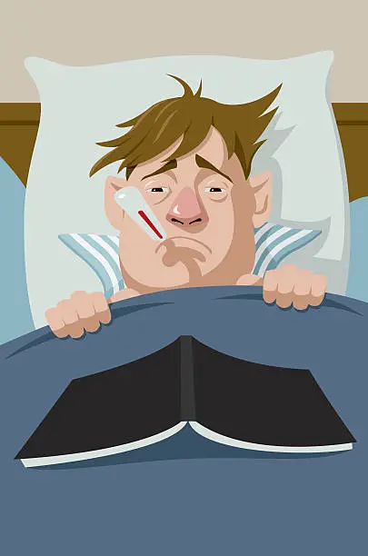 Vector illustration of Sick man in his bed with thermometer in his mouth