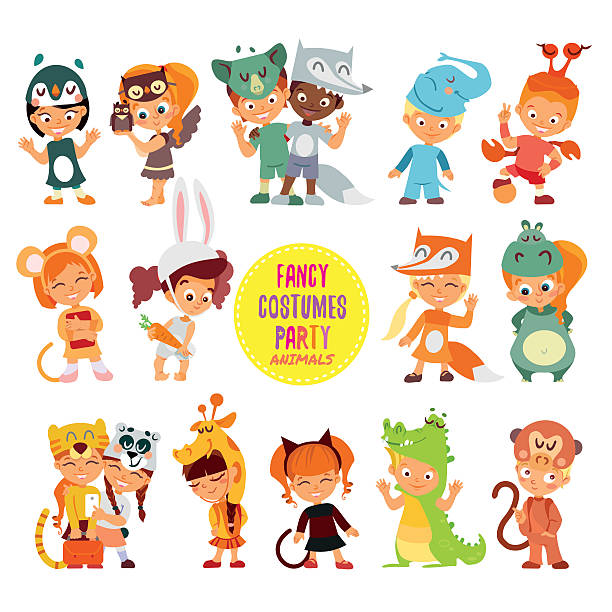 Icon set of cute boys and girls in animals costumes. Big icon set of cute boys and girls in animals costumes for masquerade party. Kids as rabbit, monkey, giraffe, mouse, tiger, cat, panda bear,koala, wolf,fox. Vector illustrations isolated on white background baby mice stock illustrations