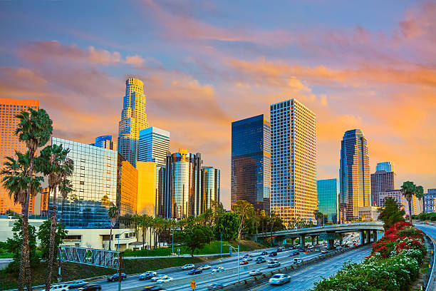 Los Angeles skyline, CA Dusk light with dramatic clouds in downtown Los Angeles,California los angeles county stock pictures, royalty-free photos & images