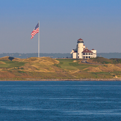 Bayonne, NJ, USA - August 25, 2014: Bayonne Golf Club, lit by early morning sun. Canon EF 70-200mm f/4L IS lens.