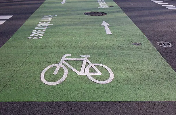 Marking on asphalt for the first bicycle road in Darmstadt (Hesse, Germany)