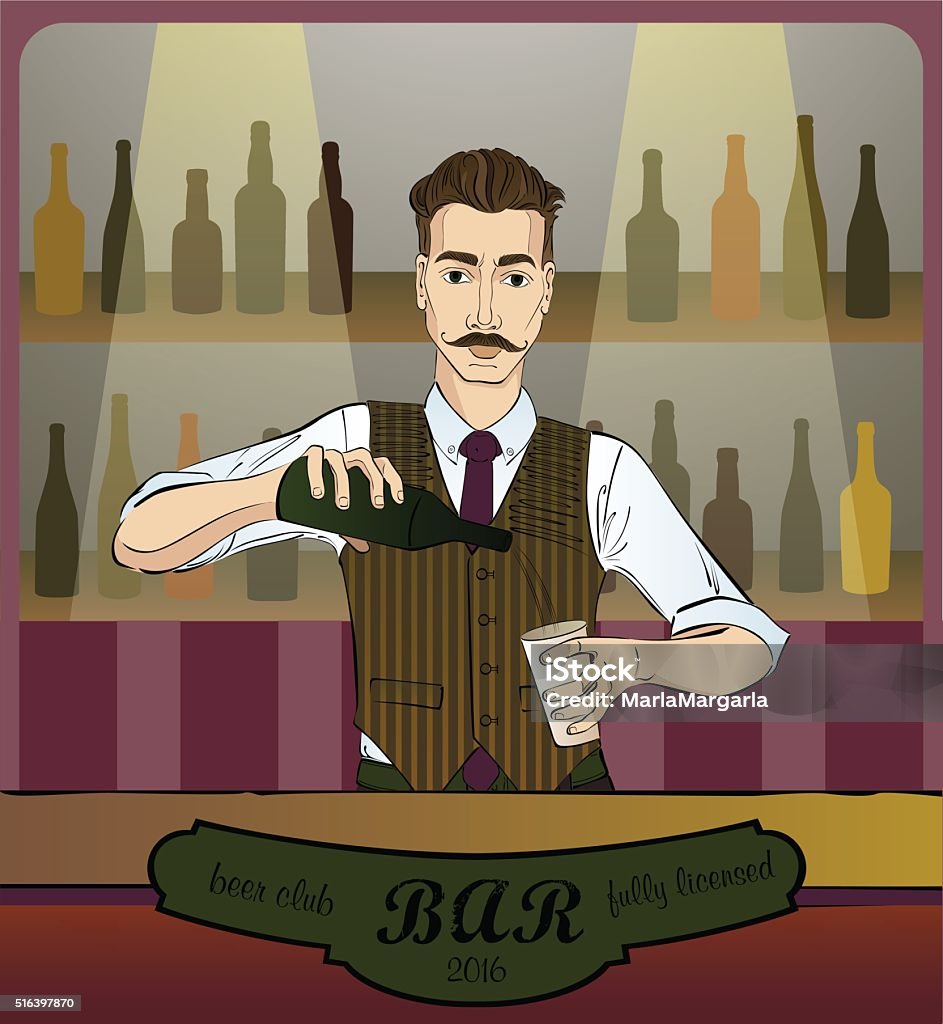 Barman Drawing Reference Barman In Work Stock Illustration - Download Image Now - Beer Bottle ...