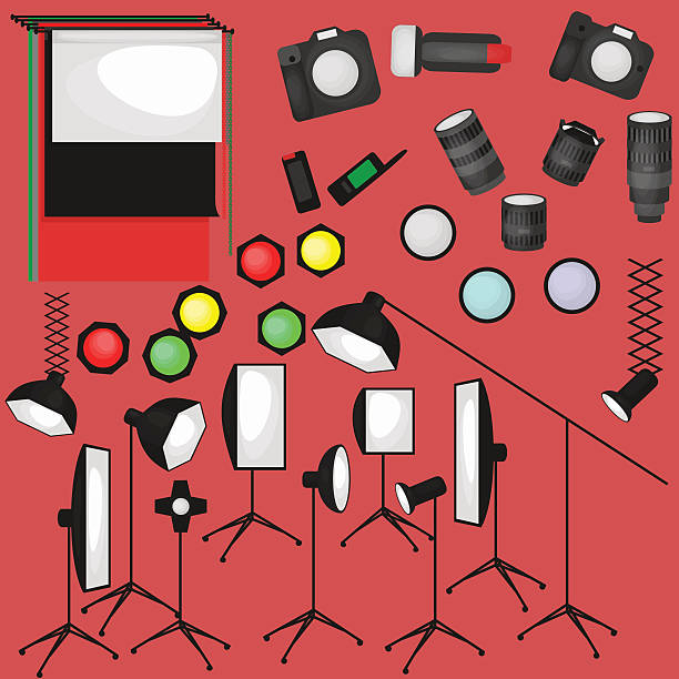 das foto-studio-equipment, papier-hintergrund, kleine flache symbole - acrobatic activity flash stock-grafiken, -clipart, -cartoons und -symbole