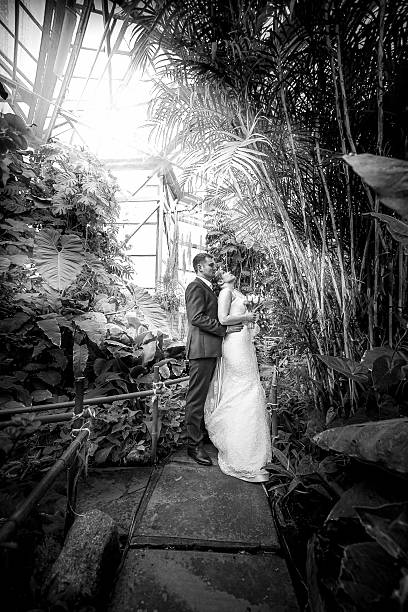istock Just married couple walking under bamboos at jungle 516409325