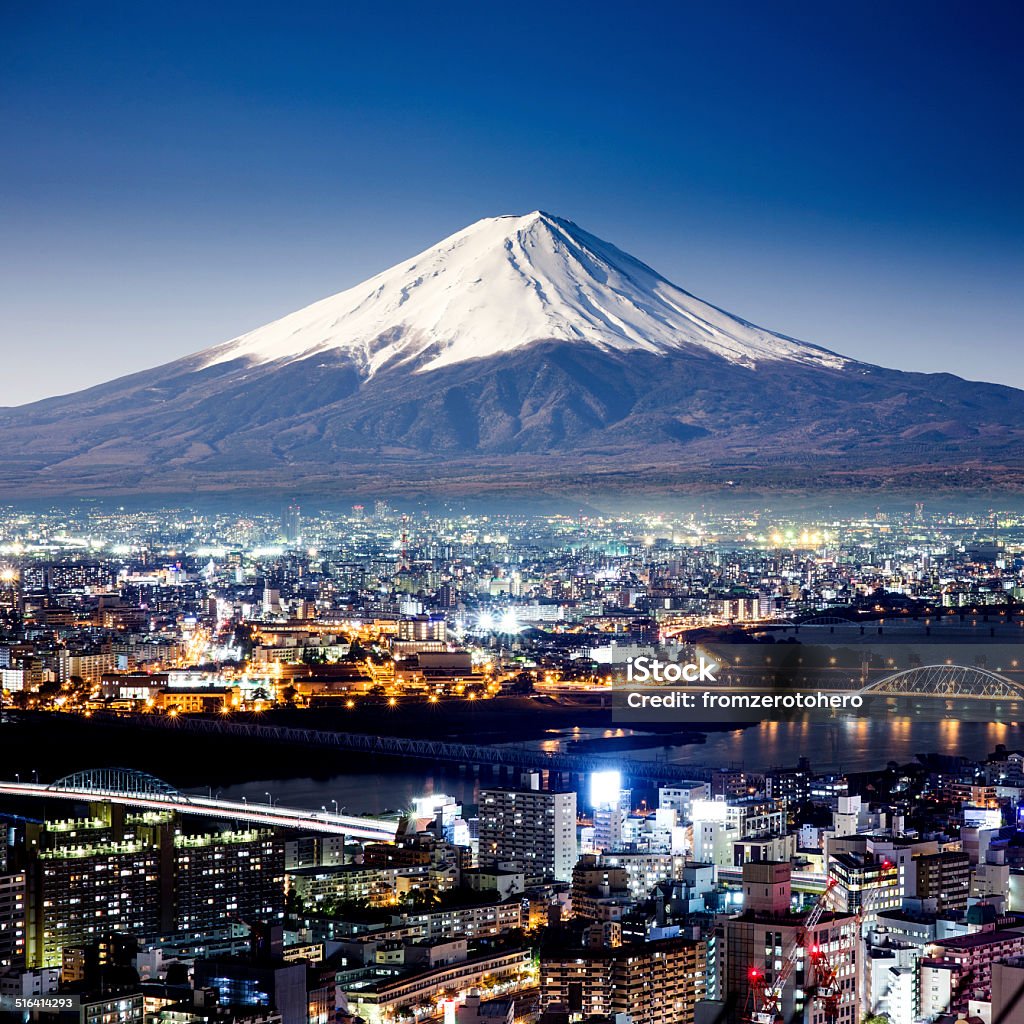 Mount Fuji. Fujiyama. Aerial view with cityspace surreal shot. Japan Mt. Fuji Stock Photo