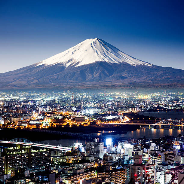 Mount Fuji. Fujiyama. Aerial view with cityspace surreal shot. Japan stock photo