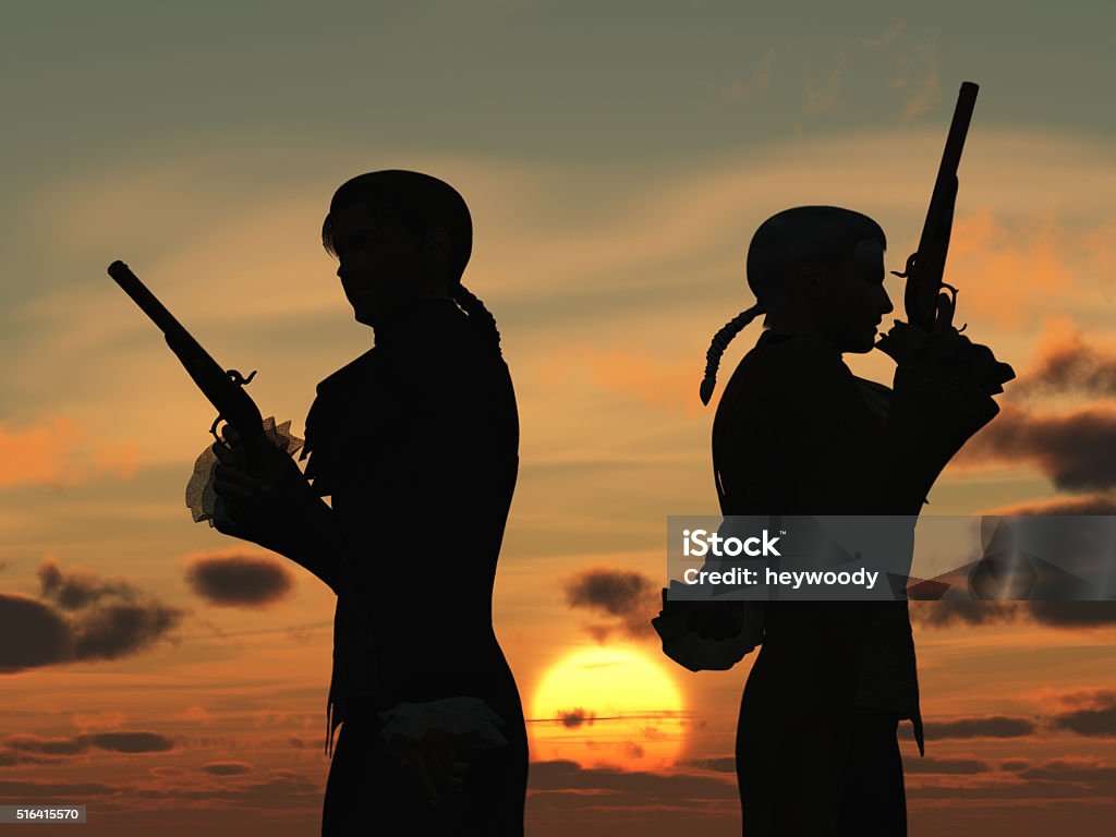 Duellists silhouetted against the rising sun Two young men back to back with duelling pistols in silhouette against the dawn  preparing to take ten paces turn and fire Dueling Stock Photo