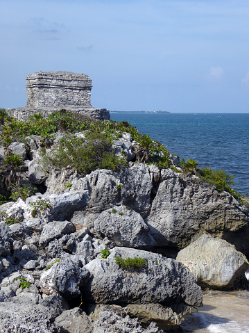 Scenic serene view of Tulum Mayan ruins at seaside