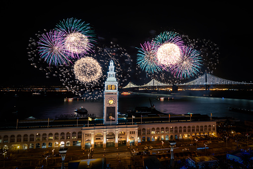 Bay bridge lighting and fireworks for championship game 50 in San Francisco, California, USA