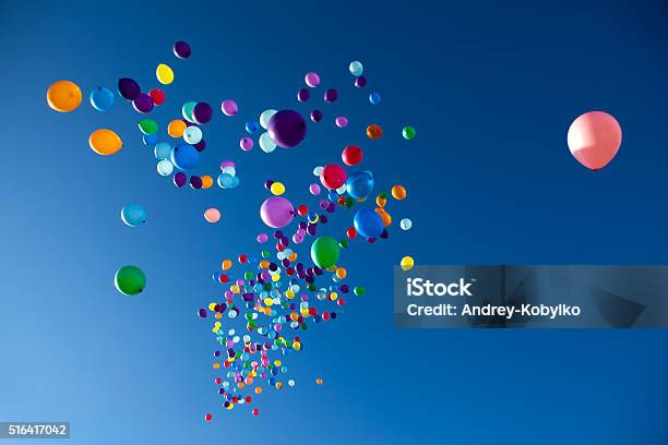 Colorful Balloons Flying In The Sky Party Stock Photo - Download Image Now - Levitation, Celebration, Summer