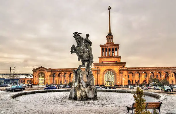 Photo of David of Sassoun statue and Yerevan Railway Station