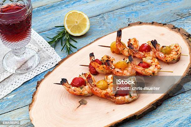 Shrimp Skewers On A Wooden Board Stock Photo - Download Image Now - Alcohol - Drink, Barbecue - Meal, Barbecue Grill