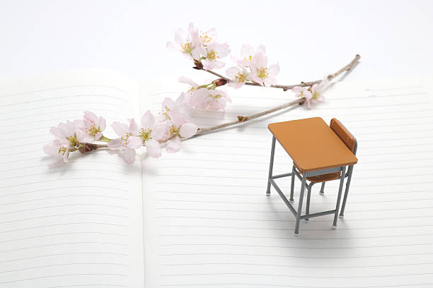 Study desk and cherry blossoms. Study desk and cherry blossoms on the notebook. high school enrollment stock pictures, royalty-free photos & images