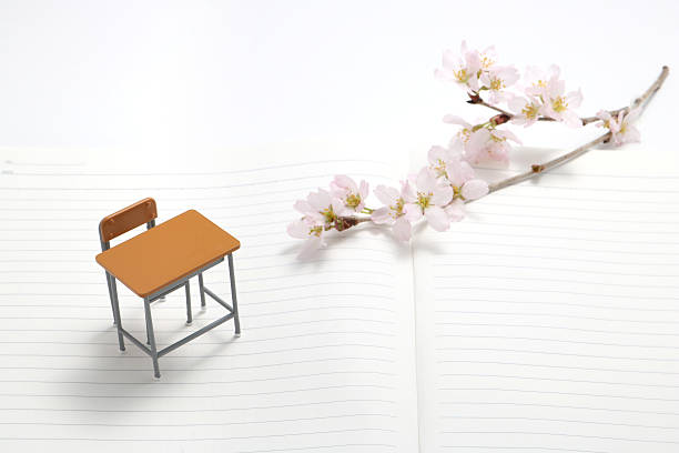 Study desk and cherry blossoms. Study desk and cherry blossoms on the notebook. high school enrollment stock pictures, royalty-free photos & images