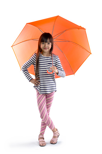 Little asian girl with umbrella, Isolated on grey background