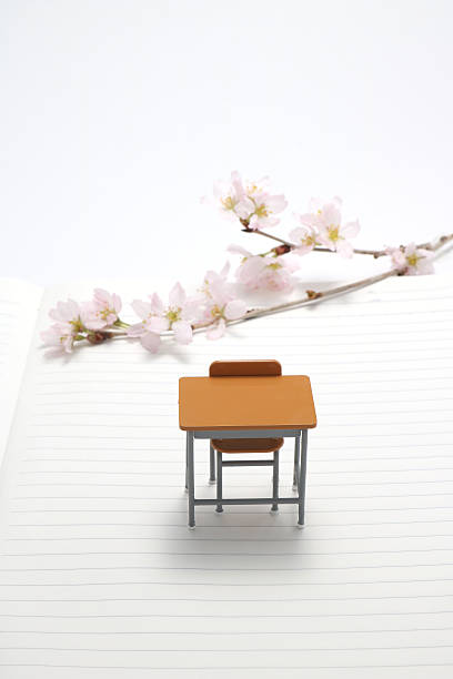 Study desk and cherry blossoms. Study desk and cherry blossoms on the notebook. high school enrollment stock pictures, royalty-free photos & images