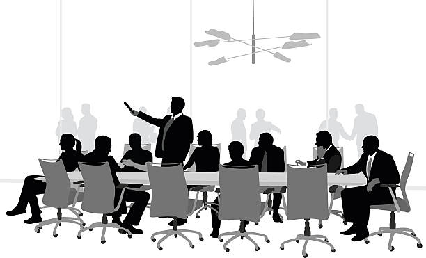 Business Meeting Slideshow A vector silhouette illustration of a presentation to board room meeting amongst business men and women sitting a table. A man stands up and point s remote control. shadow team business business person stock illustrations