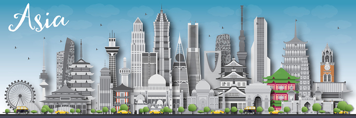 Asia skyline silhouette with different landmarks.