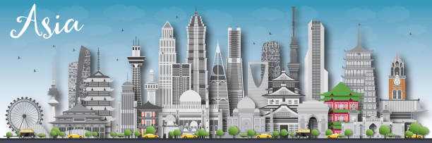Asia skyline silhouette with different landmarks. Asia skyline silhouette with different landmarks. Vector illustration. Business travel and tourism concept with place for text. Image for presentation, banner, placard and web site. tokyo streets stock illustrations