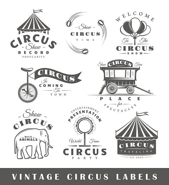 Set of vintage wine labels Set of circus labels. Elements for design on the circus theme. Collection of circus symbols: tent, juggler, animals. Modern labels of circus. Emblems and logos of circus. Vector illustration circus tent illustrations stock illustrations