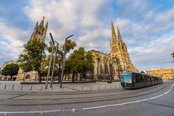 Cathedral of Saint-André de Bordeaux and Tram stock photo