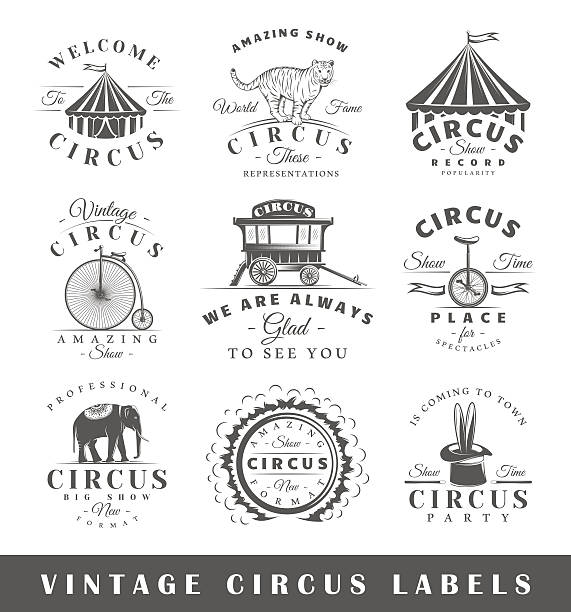 Set of vintage circus labels Set of circus labels. Elements for design on the circus theme. Collection of circus symbols: tent, juggler, animals. Modern labels of circus. Emblems and logos of circus. Vector illustration circus tent illustrations stock illustrations