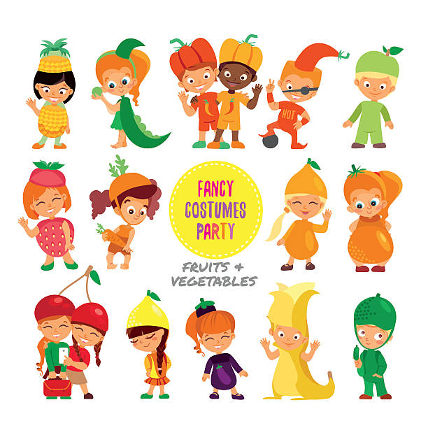 illustrazioni stock, clip art, cartoni animati e icone di tendenza di gruppo di graziosa fumetto di bambini di frutta e verdura locali. - baby carrot illustrations