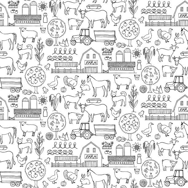bildbanksillustrationer, clip art samt tecknat material och ikoner med farm doodle seamless pattern - animal doodle