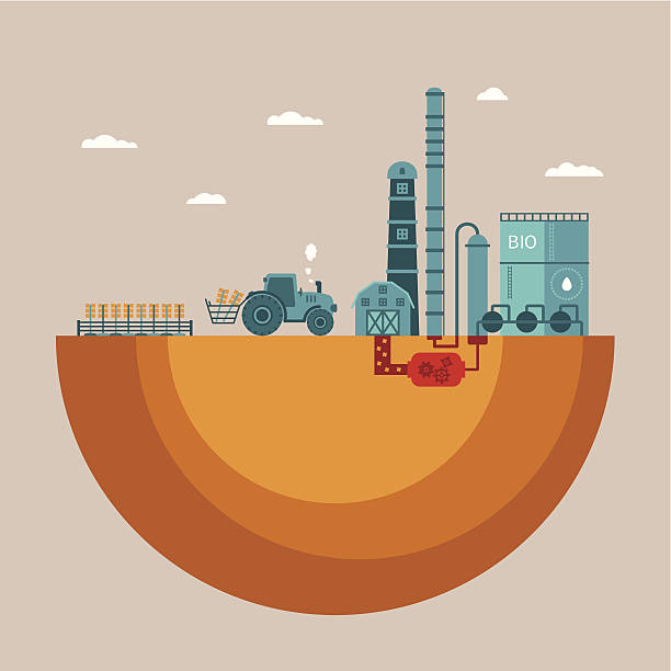 ilustraciones, imágenes clip art, dibujos animados e iconos de stock de vector concepto de los biocarburantes planta de refinería de procesamiento de los recursos naturales - distillation tower